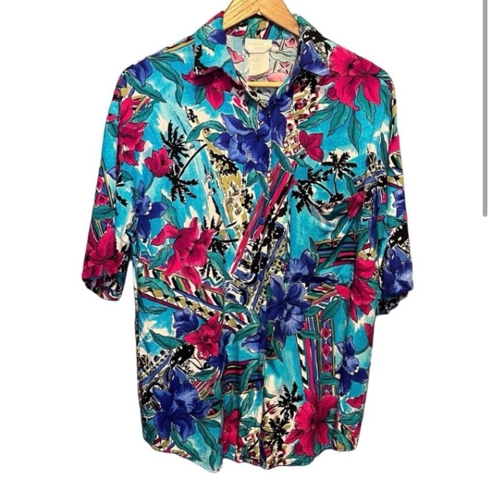 Vintage Hawaiian shirt blue pink floral M